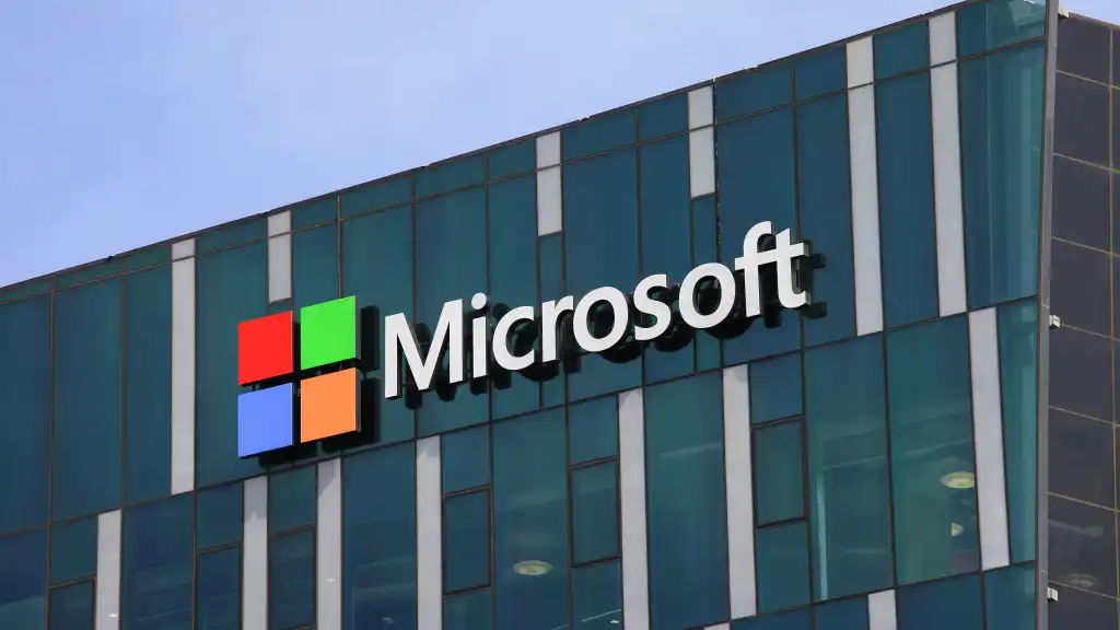 Microsoft logo displayed outside Microsoft offices in Issy-les-Moulineaux, near Paris, France.