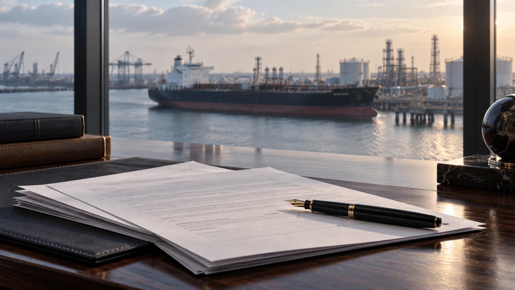 Contract documents and a fountain pen on a desk overlooking a tanker at an industrial port.