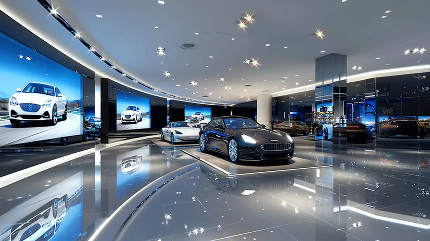 Modern luxury car dealership showroom with vehicles and digital displays, illustrating the automotive sector served by Pinewood.AI.