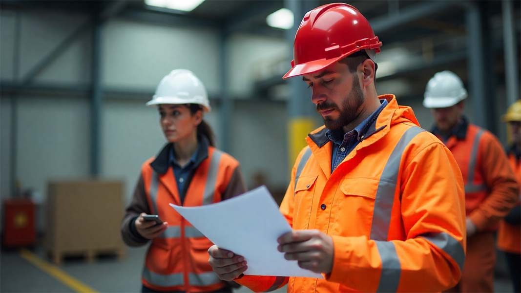 Industrial workers wearing safety helmets and high-visibility clothing during a workplace safety inspection.