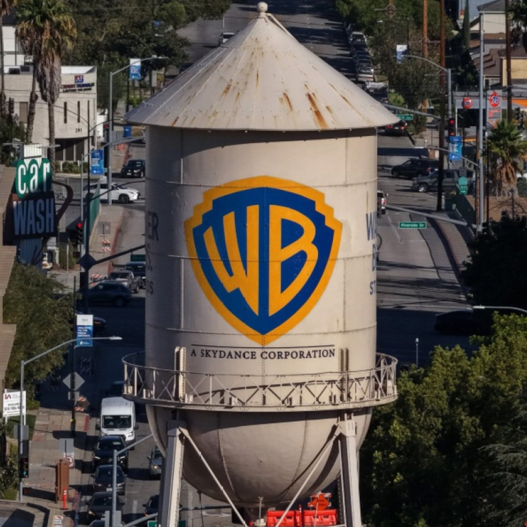 Warner Bros. water tower displaying A Skydance Corporation branding